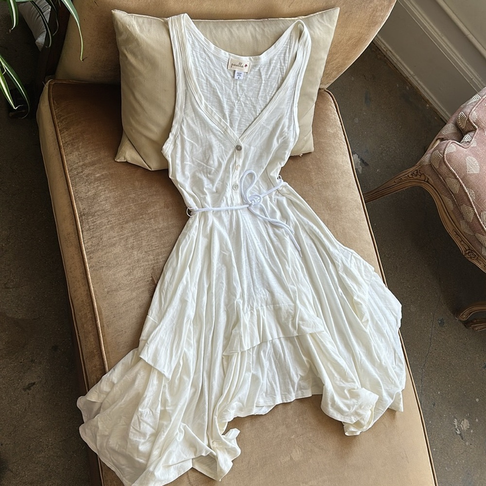 Full circle Asymmetrical Summer Dress New Off White color Natural fabric V front - Picture 2 of 12